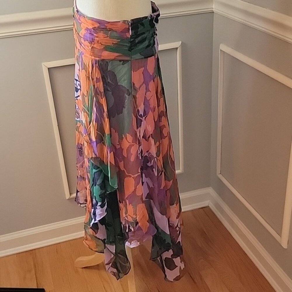 BCBGMAXAZARIA 100% Silk Orange Purple Handkerchief Hem Boho Flowy Party Skirt 6 - Picture 2 of 9